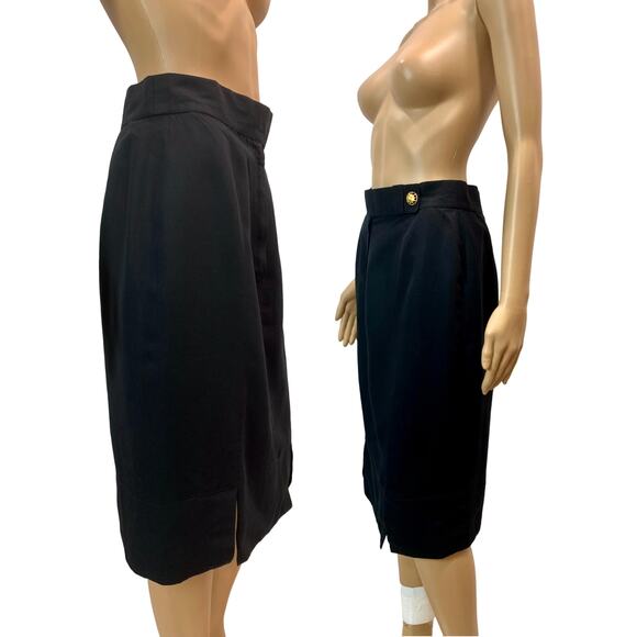 80's Louis Féraud Structured Black Pencil Skirt w Gold Sun Face Button | 28" - Picture 12 of 12